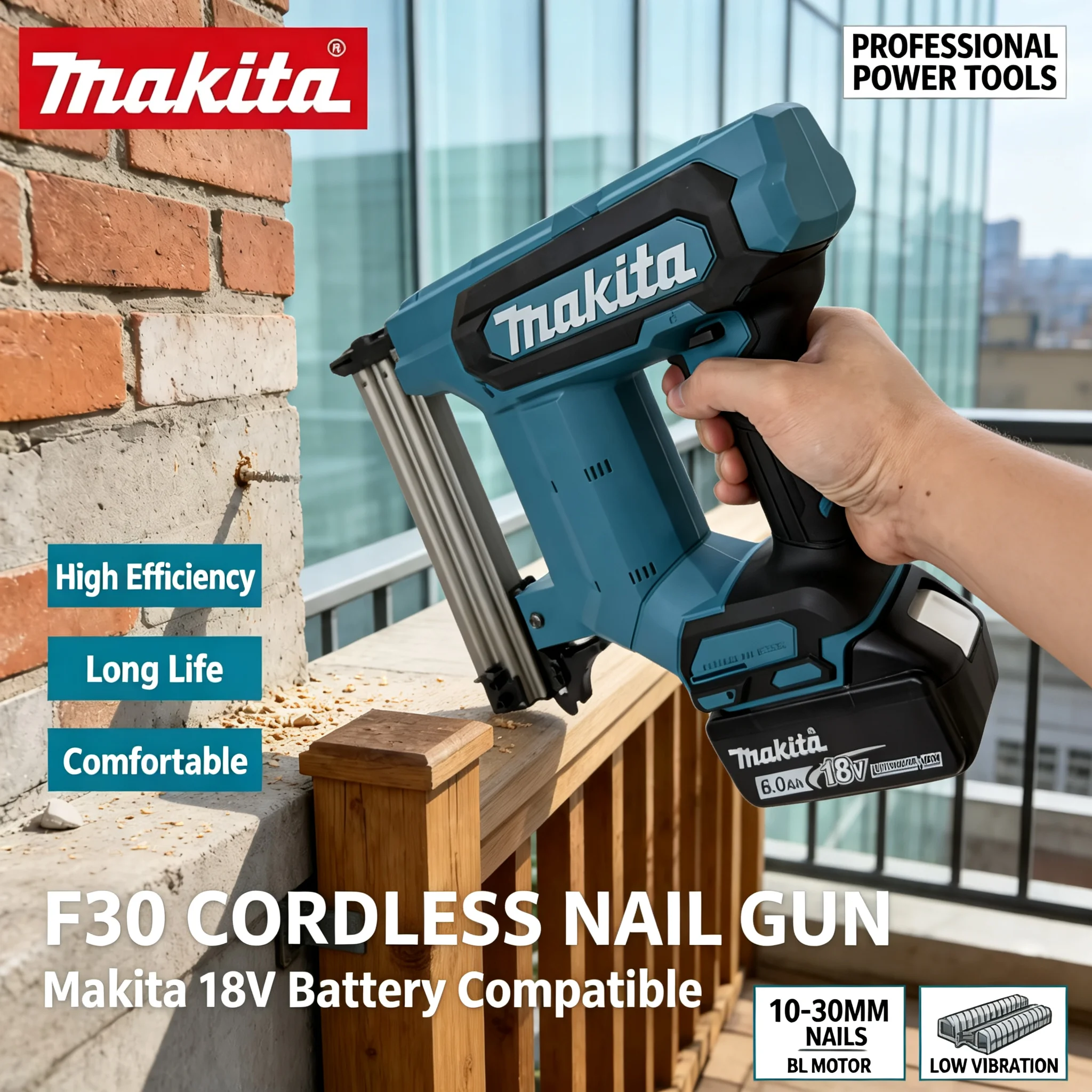 Power Tools For Construction - Makita F30 Cordless Electric Nail Gun,